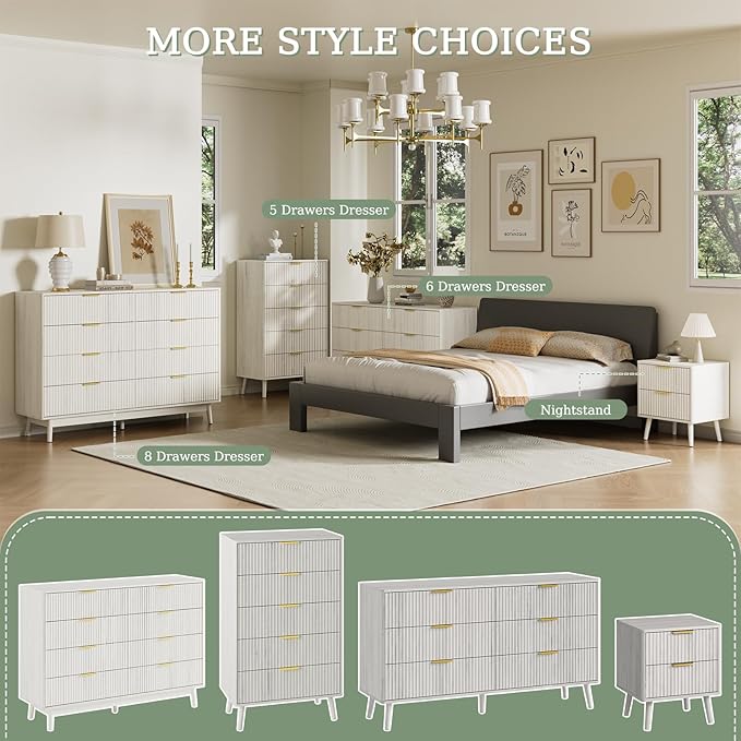 LYNSOM Fluted Dresser and Nightstand Sets 2 Piece, 2-Drawer Nightstands and 6-Drawers Dresser, Wood Bedroom Furniture Set for Home, Bedroom, Hallway, White