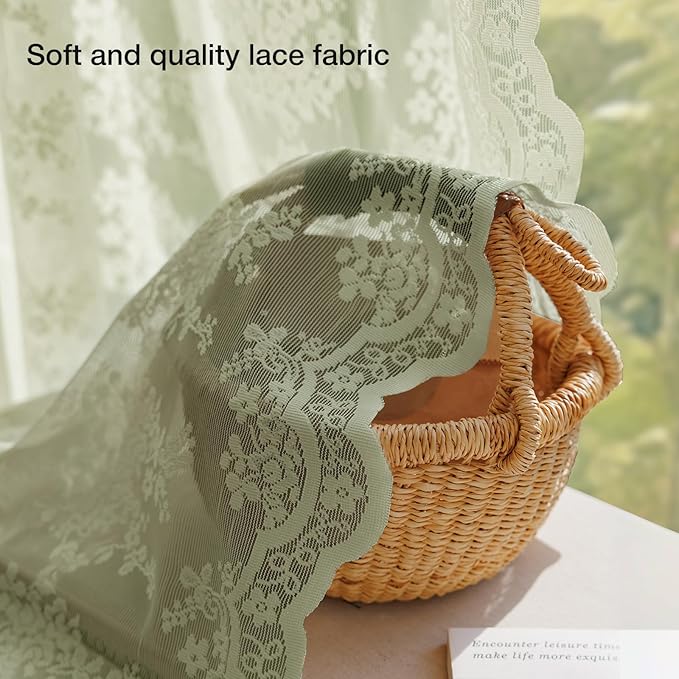 Anmao Vintage Lace Curtains 63 Inches Long 2 Panels Set, Romantic Elegant Light Filtering Semi Sheer Floral Thick Lacy Curtain Drapes for Living Room and Bedroom, Each Panel 55W x 63L, Dry Grass Green