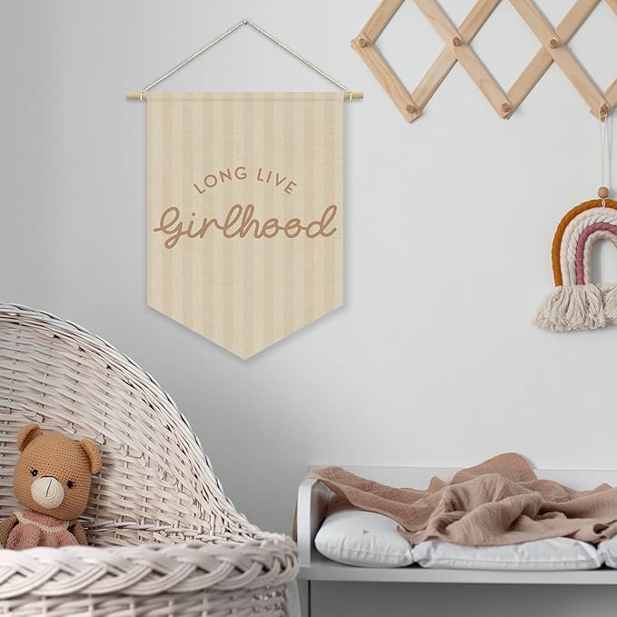 Girl Nursery Decor, Long Live Girlhood Linen Canvas Banner, Neutral Striped Wall Hanging Pennant Flag Banner for Girl Nursery Toddler Kids Room Bedroom Dorm Playroom Decor, 15x11in
