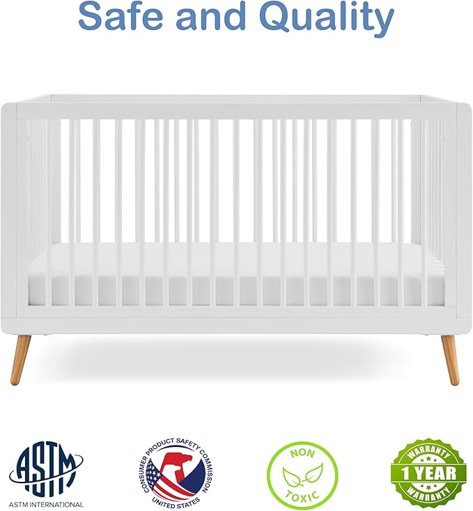 Tatum 3-in-1 Convertible Crib - Included Toddler Guard Rail, White Finish, Adjustable Mattress Height, Converts to Toddler Bed & Daybed, Fits Standard Full-Size Crib Mattress