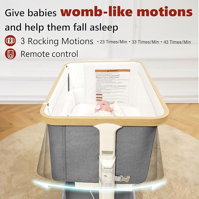 Rocking Bassinet for Baby 3 Motion Auto Rolling Newborn Cradle Electric Automatic Bedside Sleeper Rocks Itself 5 Height Adjustable with Music, Wheels, Storage, Light Grey