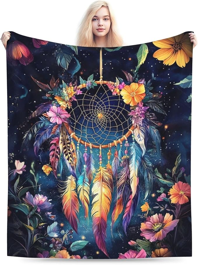 Dream Catcher Blanket Floral Feather Decor Throw Blanket Super Soft Flannel Lightweight Fluffy Plush Cozy Fuzzy Fleece Gifts Blanket for Girl Woman Man Boys Kids Adults for Bed Sofa 40"X50"