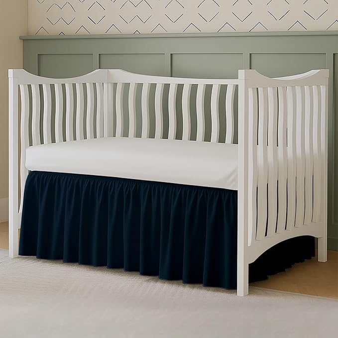 Crib Bed Skirt Dust Ruffle with Split Corners, 100% Cotton, Navy Blue Nursery Crib Skirt for Baby Boys or Girls, 28x52, 14" Drop, Toddler Bed Skirt, Baby Bedding, Crib Sheet Skirt, Soft & Breathable
