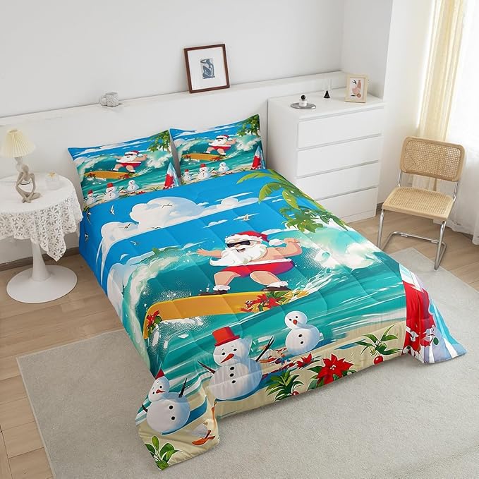 Manfei Christmas Comforter Set Twin Size, Santa Claus Surfing Theme Bedding Set for Kids Boy Girl Room Decor, Beach Snowman Down Comforter for All Season, Soft Polyester Quilt Set, 1 Pillowcase