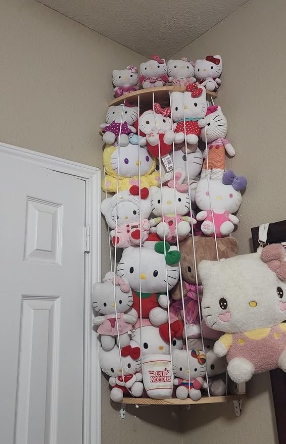 Corner Stuffed Animal Storage Net - Heigh Adjustable Wood Stuffed Animal Organizer - Large Wall Plush Holder Teddy Bear Storage for Bedroom Kids Room Nursery Decor