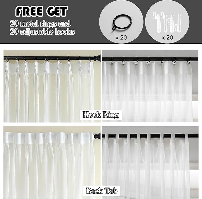 Off White Pinch Pleated Sheer Curtains 84 Inches Long 2 Panels, Thin Textured Linen Look Living Room Drapes Window Decor, Ivory Sliding Glass Door Curtain with Rings & Hooks & Back Tab