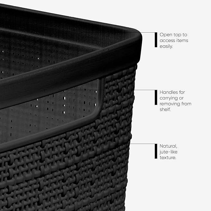 Curver Set of 8 Slim 6.8L Jute Decorative Plastic Organization and Storage Baskets - Perfect Bins for Home Office, Closet Shelves, Kitchen Pantry and All Bedroom Essentials, Black