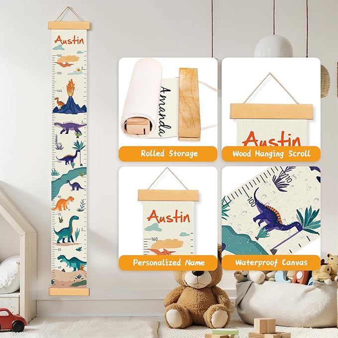 Personalized Canvas Height Chart for Kids, Height Measurement for Wall, Growth Chart with Name (Dinosaurs)
