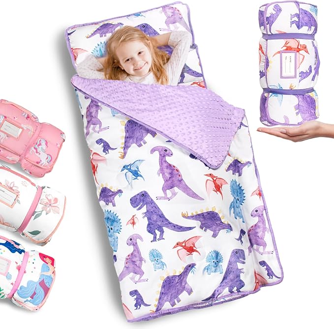 Primlect Thickened Toddler Nap Mat with Removable Pillow and Minky Blanket, Extra Large 55''x35'' Sleeping Bag, Washable, Roll up, Perfect for Daycare, Preschool, Kindergarten, Boys and Girls Dinosaur