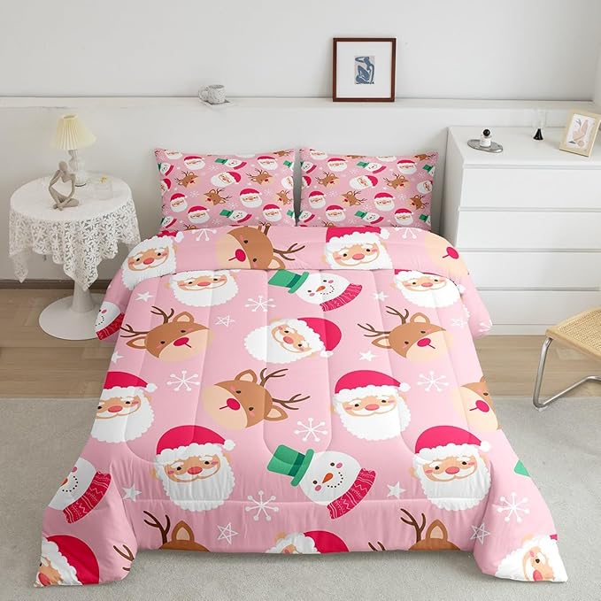 Cartoon Santa Claus Kids Comforter Set Full Size,Cute Snowman Deer Xmas Bedding Set,Boys Girls Adults Room Decor,Merry Christmas Snowflake Down Comforter,Pink Romantic Duvet Insert,2 Pillowcases
