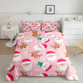 Cartoon Santa Claus Kids Comforter Set Queen Size,Cute Snowman Deer Xmas Bedding Set,Boys Girls Adults Room Decor,Merry Christmas Snowflake Down Comforter,Pink Romantic Duvet Insert,2 Pillowcases