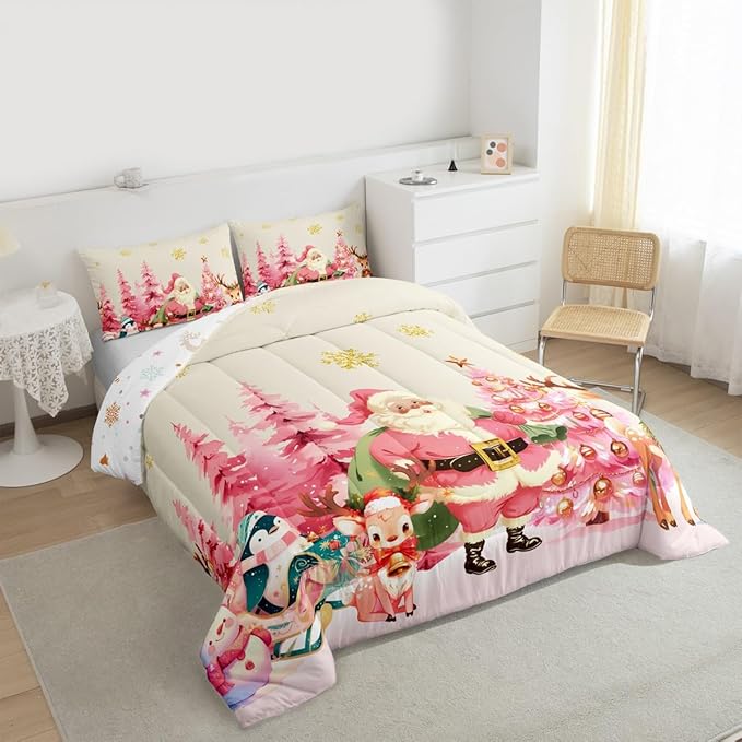 jejeloiu Merry Christmas Comforter Set King Size Santa Claus Bedding Set for Kids Boys Girls Cute Deer Duvet Quilt Beige Bedroom Decor