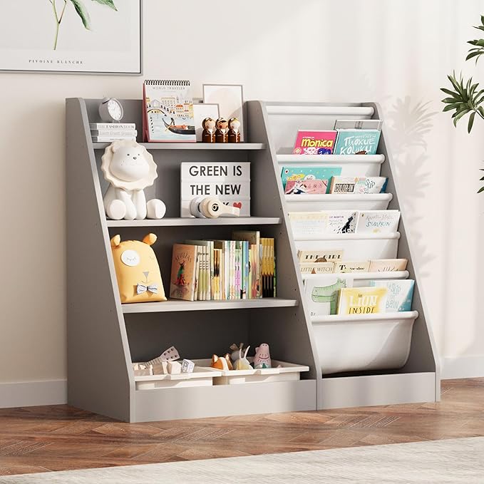 NACHES Montessori Kid Bookshelf Toddler Bookcase Cabinet Children Book Rack Display Toy Storage Organizer 4 Tier 5 Sling Deep Sleeves Classroom Bedroom Nursery Playroom Wood (Grey)