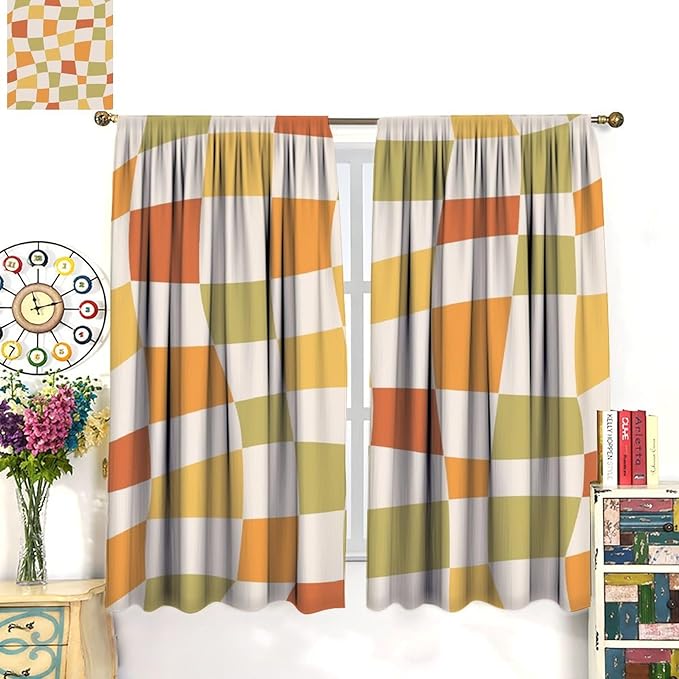 Orange Checkered Curtains,70s Vintage Twisted Checkered Window Drapes Colorful Groovy Trendy Wavy Hippie Grid Print Window Treatments for Kids Girls Bedroom Living Room Bathroom 72"W X 63"L