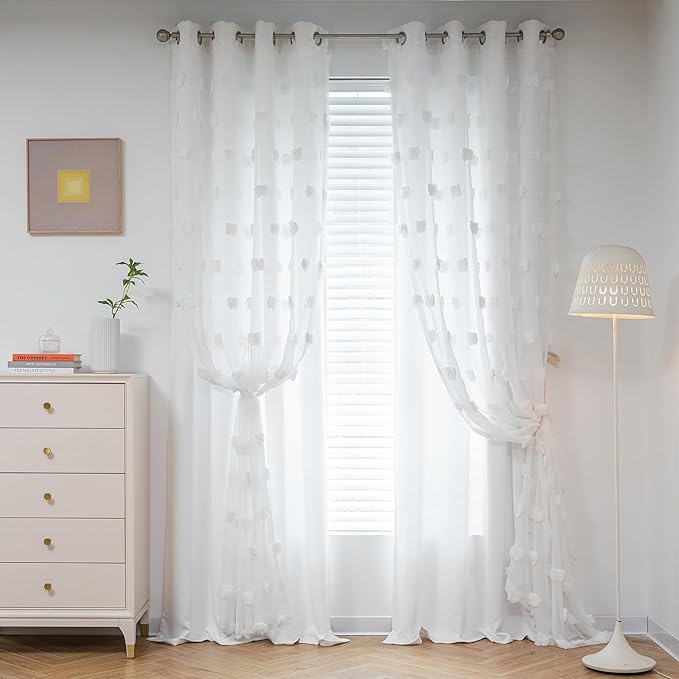MYSKY HOME Kids Curtains for Girls Bedroom Double Layer Curtain for Daughter Room 84 Inches Long Pom Pom Sheer Drapes White Curtains for Living Room Grommet Room Darkening Panels W52 X L84