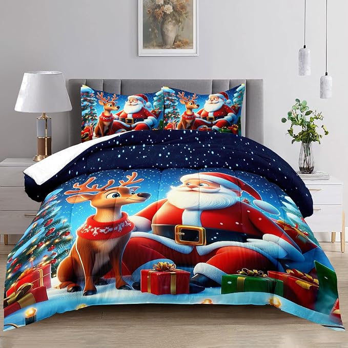 Raphus cucullatus Christmas Bedding Full,Christmas Comforter Set,Santa Claus Decor Holiday Bedding Winter Quilt,Santa Claus Comforter Set,Snowflake Navidad Quilt Set,Cute Reindeer Quilt