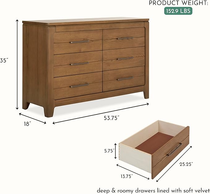 Evolur Oakley Double Dresser – 6 Drawer Nursery & Bedroom Dresser, Solid Poplar Wood Storage Organizer, Hickory Finish, Durable Modern Design