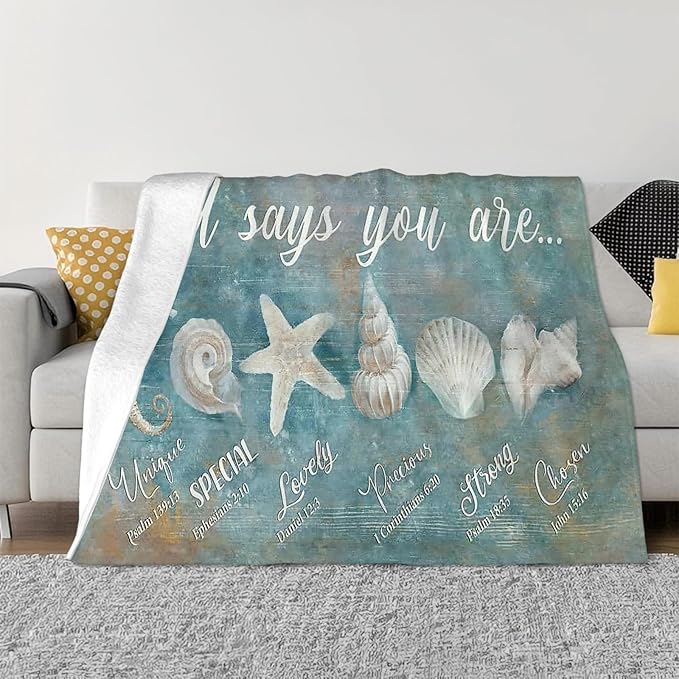 Tijuboni Ocean Seashells Throw Blanket - God Says You are - Beach Nautical Gifts for Women Men Girls Boys Kids Adults Soft Flannel Fleece Blanket for Couch Sofa Bed Home Decor 40"x50"