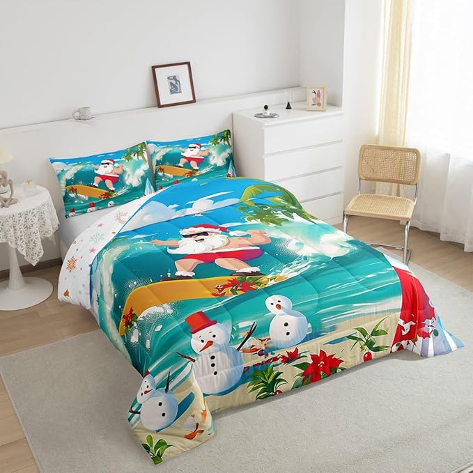 Manfei Christmas Comforter Set Queen Size, Santa Claus Surfing Theme Bedding Set for Kids Boy Girl Room Decor, Beach Snowman Down Comforter for All Season, Soft Polyester Quilt Set, 2 Pillowcases