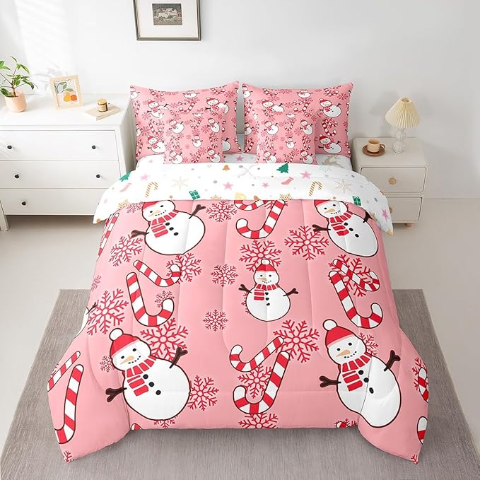 Christmas Kids Bedding Set Cartoon Snowman Comforter Set with Sheets for Boys Girls Snowflake New Year Decor Bed in a Bag Pink Xmas Theme Bed Set 7Pcs Queen Size