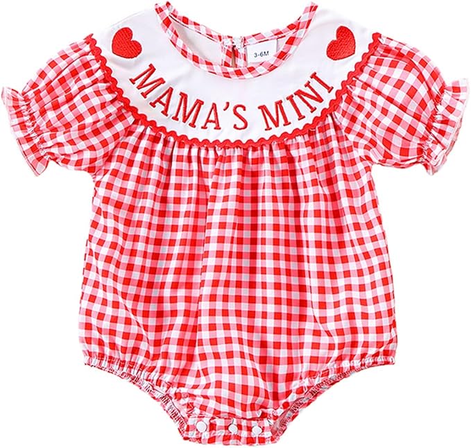 Newborn Baby Girl Romper Mamas Mini Bow Plaid Print Puff Sleeve Smocked Bubble Romper Jumpsuit Bodysuit Clothes