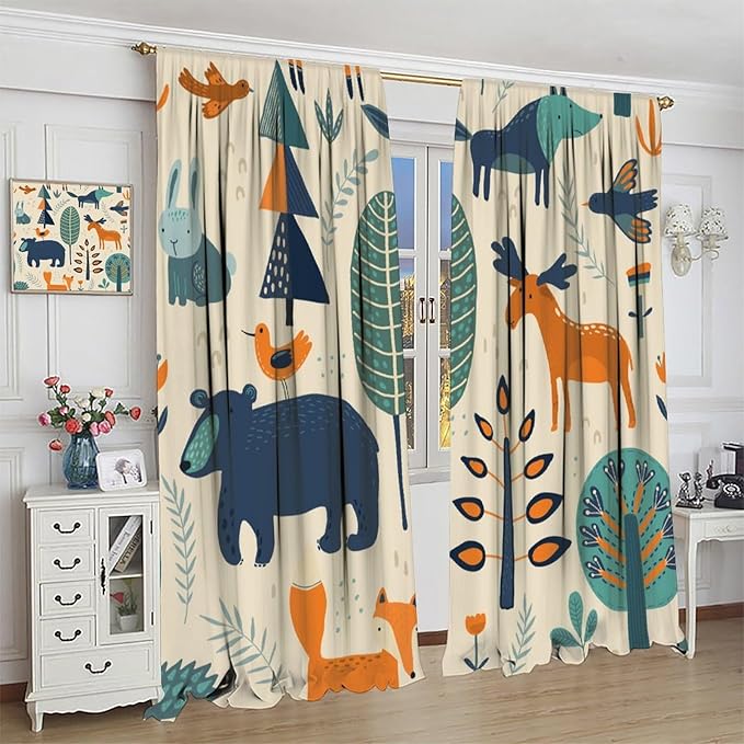 Kids Forest Animal Curtains, Rustic Cartoon Cute Wild Animal Window Treatments Woodland Safari Animal Fox Deer Bear Window Drapes for Girls Boys Nursery Toddler Bedroom 42x63in