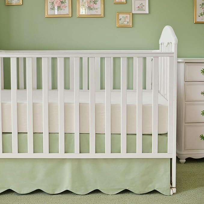 Brandream Scallop Edge Cotton Crib Skirt Toddler Bedskirt Baby Nursery Crib Bed Skirt Gender Neutral Solid Color Light Green Farmhouse Chic Boho Bohemian Skirt