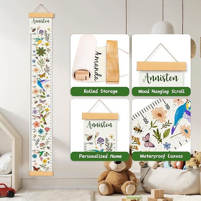 Personalized Name Height Chart for Kids, Kids Growth Chart for Wall, 59" X 7.9" Canvas Removable Height Chart Measuring Ruler for Kids & Baby(Painted Birds and Flowers）