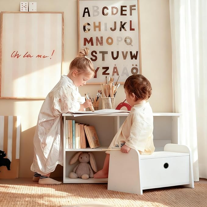 Kids Bookshelf with Bench, Toddler Table with Reading Nook, Montessori Shelf with Fabric Drawer, Toy Organizers and Storage for Kids Rooms, Nursery, Playroom, Bedroom, White