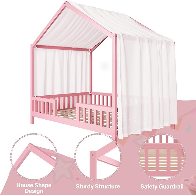 Bellemave Full House BedFrame with Canopy, Montessori Floor Bed, House Bed with Rails for Kids, Pink