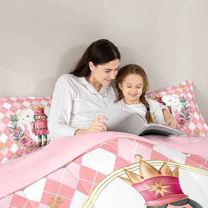Feelyou Christmas Comforter Set King Size Pink Nutcrackers Bedding Set for Kids Boys Girls Rhombus Pattern Duvet Quilt Floral Bedroom Decor Snowflake Microfiber 3 Pcs with 2 Pillow Cases
