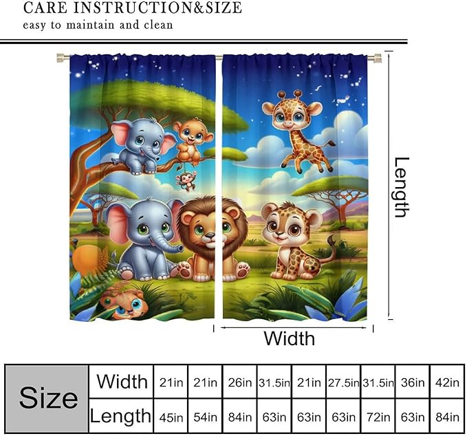 Jungle Safari Window Curtains for Kids Boys Girls Watercolor Cartoon Forest Animals Baby Living Room Bedroom Nursery Toddler Rod Pocket Drapes 55" W X 63" L
