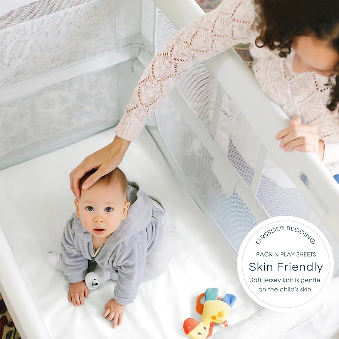 GRSSDER Mini Crib Sheets Fitted, Pack and Play Sheets 2 Pack, Ultra Soft Stretchy Pack N Play Sheets, Universal Fit for Playard Mattress, Jersey Crib Sheets Neutral for Boys and Girls, Cream/White