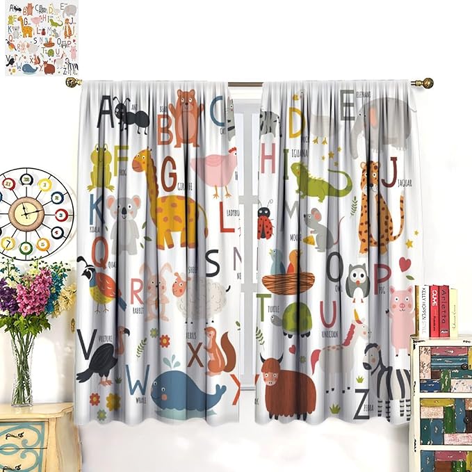 Alphabet Kids Learning Curtains Cartoon Animal Baby Boys Child Educational Curtain with Rod Pocket for Bedroom Nursery Home Decor Drapes Window Treatments 2 Panels Set 72" W X 63" L