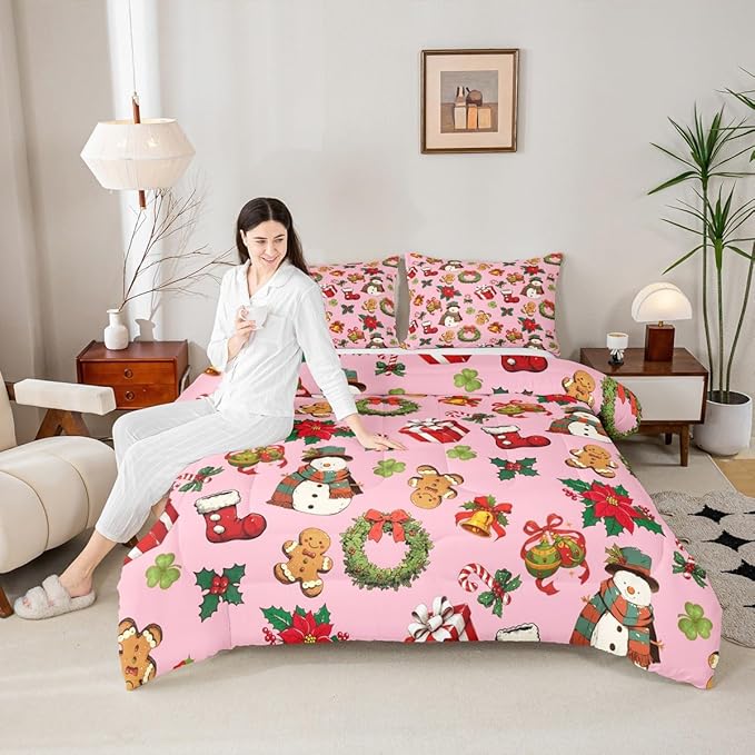 jejeloiu Merry Christmas Comforter Set Full Size Cute Snowman Bedding Set for Kids Boys Girls Gingerbread Man Duvet Quilt Pink Bedroom Decor