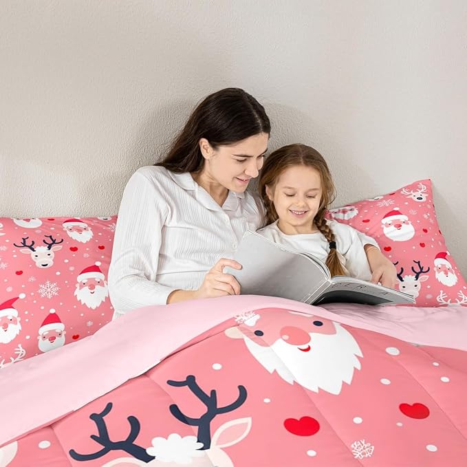 Feelyou Christmas Comforter Set All Season Santa Deer Bedding Set with 1 Pillow Cases Snowflake Microfiber Kids Twin Bedclothes Bedroom Decor Duvet Quilt Breathable Soft Lightweight