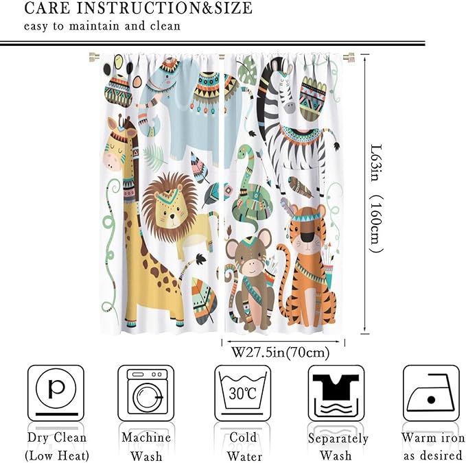 Jungle Tribal Animals Curtains, Southwest Aztec Cartoon Funny Zoo Animals Giraffe Lion Elephant Zebra Tiger Print Thermal Insulation Window Drapes for Kids Boys Girls Bedroom Living Room 55x63in