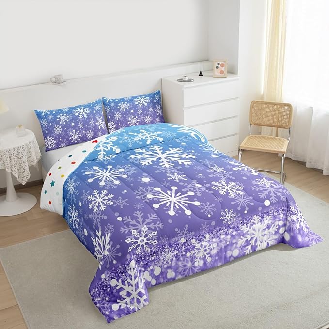 Feelyou Blue and Purple Snowflake Bedding Set Soft for Boys Girls, Winter Snowflake Comforter Set Queen Size Christmas Duvet Quilt Microfiber Holiday New Year Bedroom Decor 3 Pcs with 2 Pillow Cases