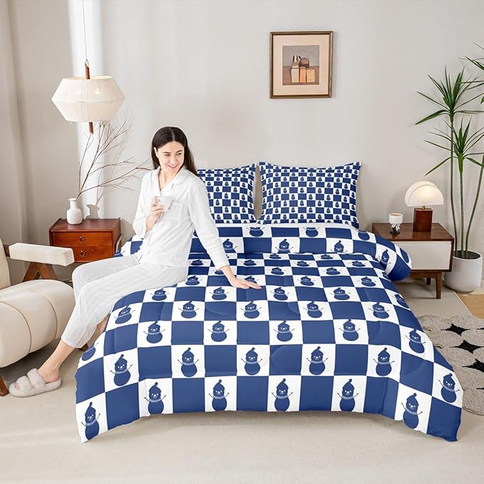 Feelyou Christmas Comforter Set All Season Checkered Bedding Set with 1 Pillow Cases Snowman Kids Twin Bedclothes Xmas Decorations Bedroom Decor Blue Duvet Quilt Breathable Soft Lightweight