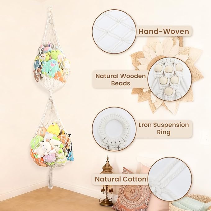 Upgrades Stuffed Animal Net Corner Stuffed Animal Storage Hammock for Kids' Wall Room Decor Hanging Toy Storage Plushie Net Organizer Holder Kids Baby Nursery Wall Bedroom Home Decor (2 Tier, XXL)
