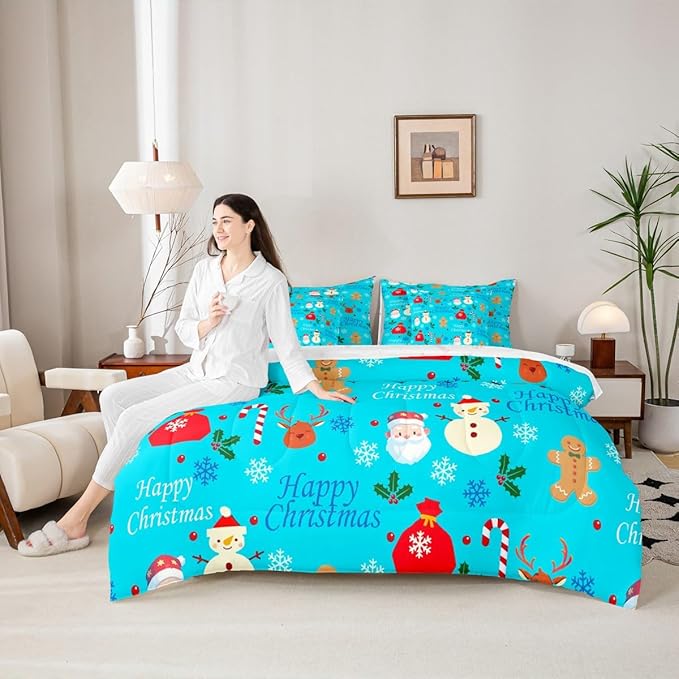 Christmas Deer Comforter Set With Sheets 7 Piece Queen Size Cute Gingerbread Man Bedding Set for Kids Boys Girls Christmas Santa Claus Bed in a Bag Reversible Xmas Decor Room Decor Soft Lightweight