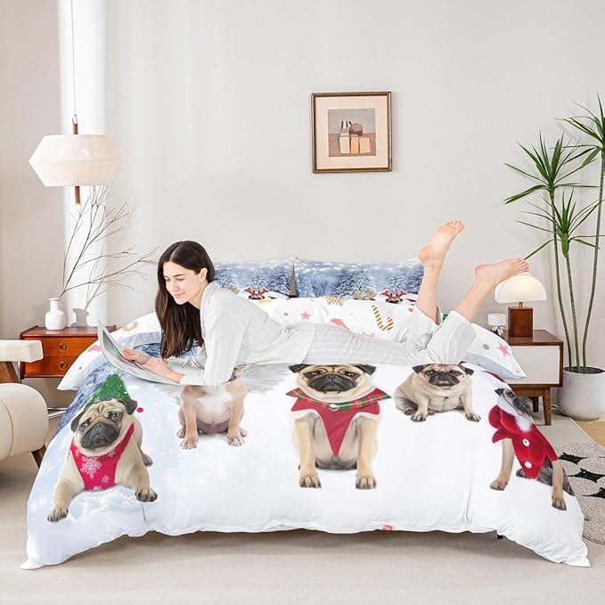 Dog Xmas Duvet Cover Cute Pug Dog Christmas Tree Style Bedding Set 3D Animal Comforter Cover for Boys Girls Children Teens Bedroom Decor White Blue Bedspread Cover Full Size with 2 Pillow Case