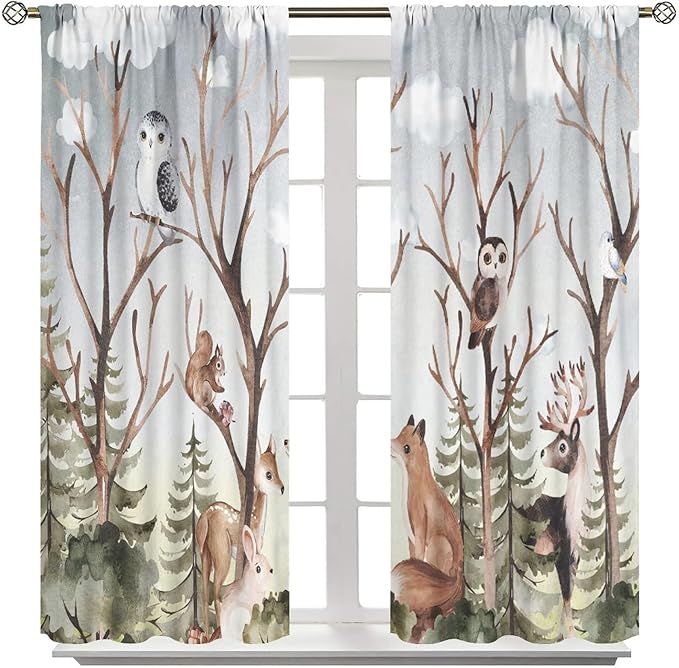 Forest Curtains, Cartoon Woodland Animals Tree Birds Moose Rabbit Mushroom Print Pattern Kids Bedroom Window Treatments Curtains 84x84in