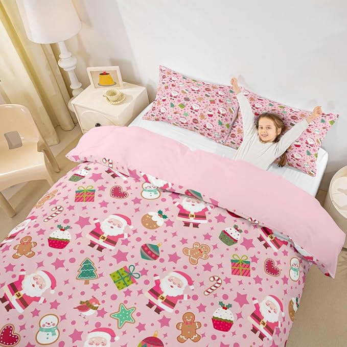 Feelyou Pink Christmas Duvet Cover Toddler Size Cartoon Santa Claus Gingerbread Man Bedding Set for Boys Girls Snowman Xmas Decor Comforter Cover Reversible Pink Bedroom Decor 2Pcs