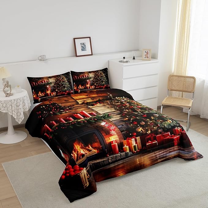 Merry Christmas Bedding Set Full Size,3D Christmas Fireplace Christmas Tree Comforter Set for Kids Boys Girls Room Decor,Xmas Theme Duvet Insert 3Pcs,Retro Wooden Stripes Quilt Set,2 Pillowcases