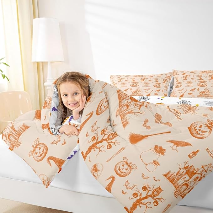 Erosebridal Halloween Bedding Set Orange Pumpkin Bat Comforter Set Toddler Size,Vintage Halloween Decor Quilt for Kids Boys Girls Adults Happy Festival Themed Duvet Insert