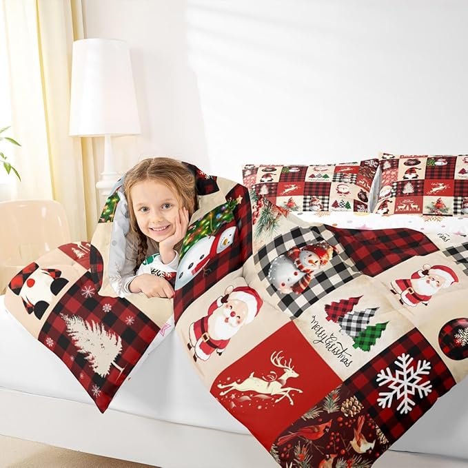 Christmas Comforter Set Full Size,Red Plaid Holiday Design Bedding Set 3pcs,Snowman Santa Claus New Year Patchwork Down Comforter for All Season, Kids Boys Girls Room Decor,2 Pillowcases,No Sheets