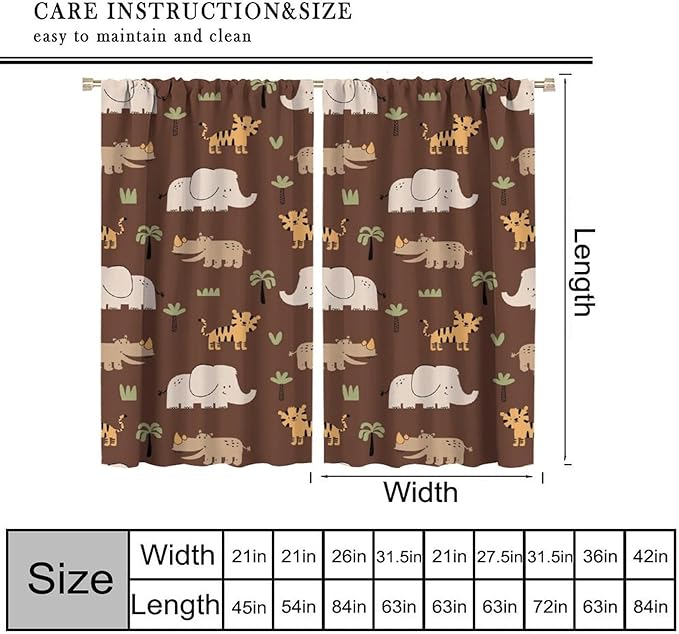 Jungle Safari Animals Blackout Curtains Cartoon Tropical Forest Animals Elephant Tiger Brown Art Print for Kids Boys Bedroom Nursery Rod Pocket Decoration Window Drapes 2 Panels W27.5xL63in