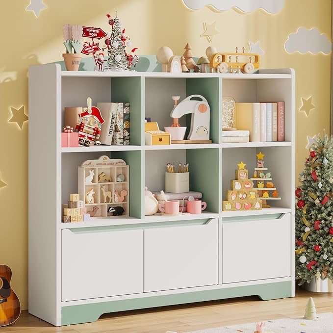 Kids Bookshelf and Toy Organizer, 2 Tier Kids Book Shelf for Kid Rooms with 2 Doors, 6 Cubes Storage Organizer,Wood Children Bookcase,Freestanding Toddler Book Display Shelf for Playroom WhiteGreen