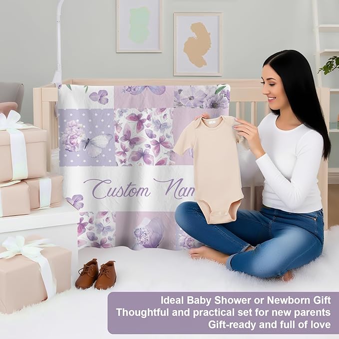 Personalized Baby Crib Bedding Set,3 Piece Custom Name Nursery Set with Blanket, Fitted Sheet & Pillowcase for Baby Girls & Boys, Purple Butterfly Theme(Fixed Size)
